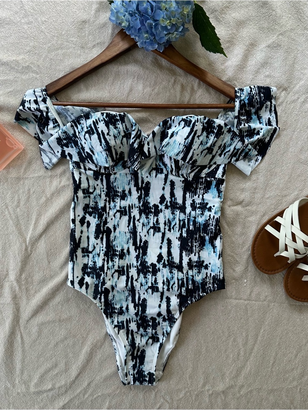 NEW Abercrombie Off the Shoulder Flounce Neckline One Piece Swimsuit with Sarong - Picture 2 of 10